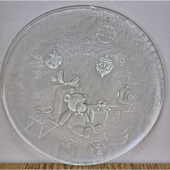 Oval Christmas Glass Platter with Teddy Bear & Gifts Design 13" - Picture 2 of 6